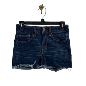 American‎ Eagle Outfitters Super Stretch Dark Wash Mid Rise Raw Hem Shorts Sz 2
